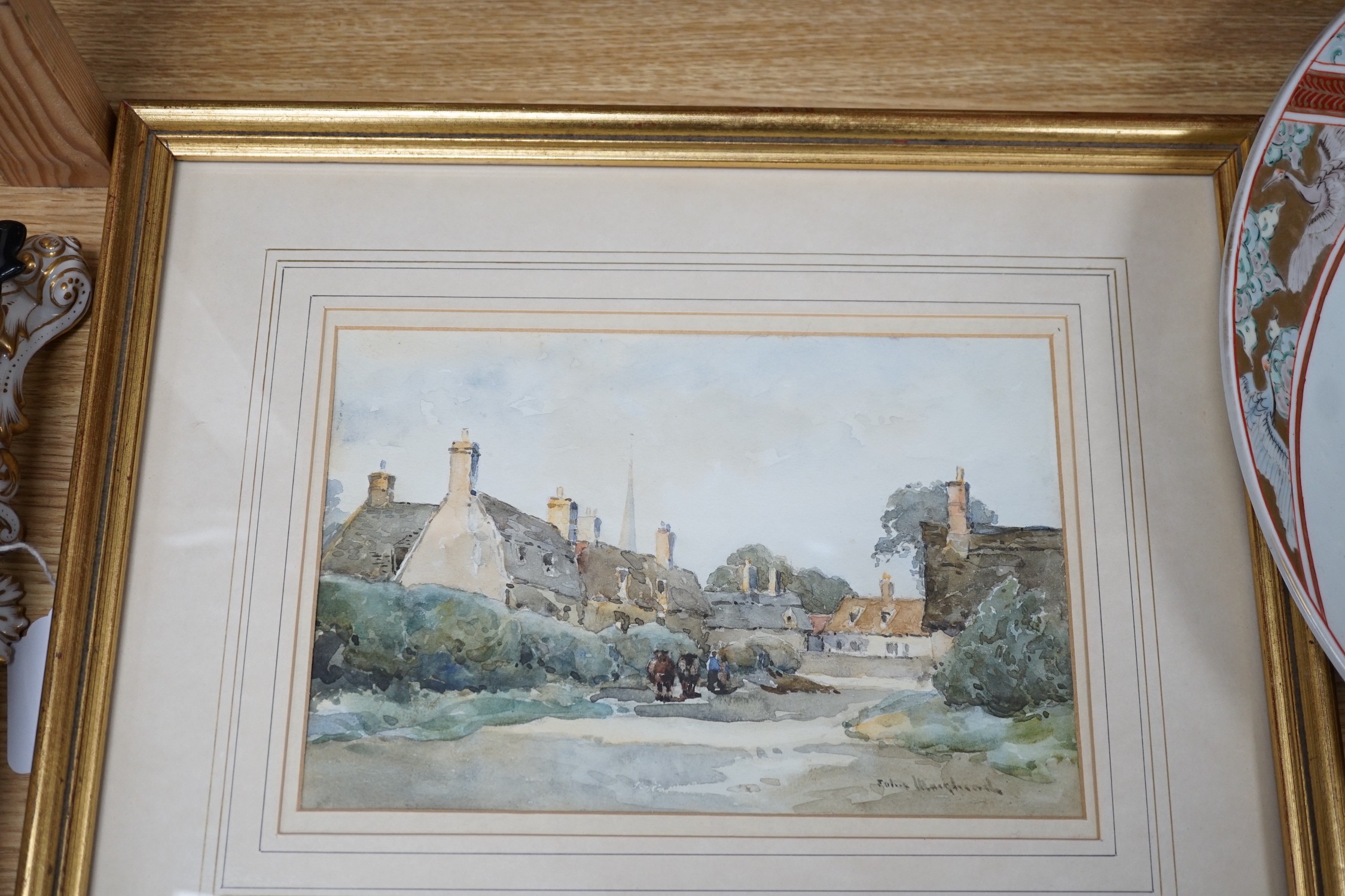 John Muirhead (1863-1927) and Others, watercolour, 'Hemingford, Abbots', signed, 16 x 25cm, R.Coleman, oil on board, Ploughing scene, two engraved maps and a small Dutch style oil winter scene